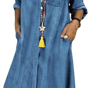 Womens Denim Shirt Dress Casual Long Sleeve Button Down Vintage Blue